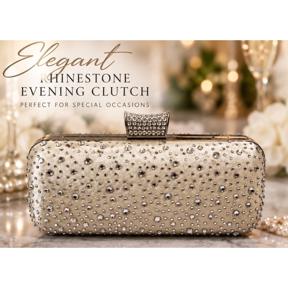 Champagne Satin Rhinestone Evening Box Clutch Bag Silver Hardware